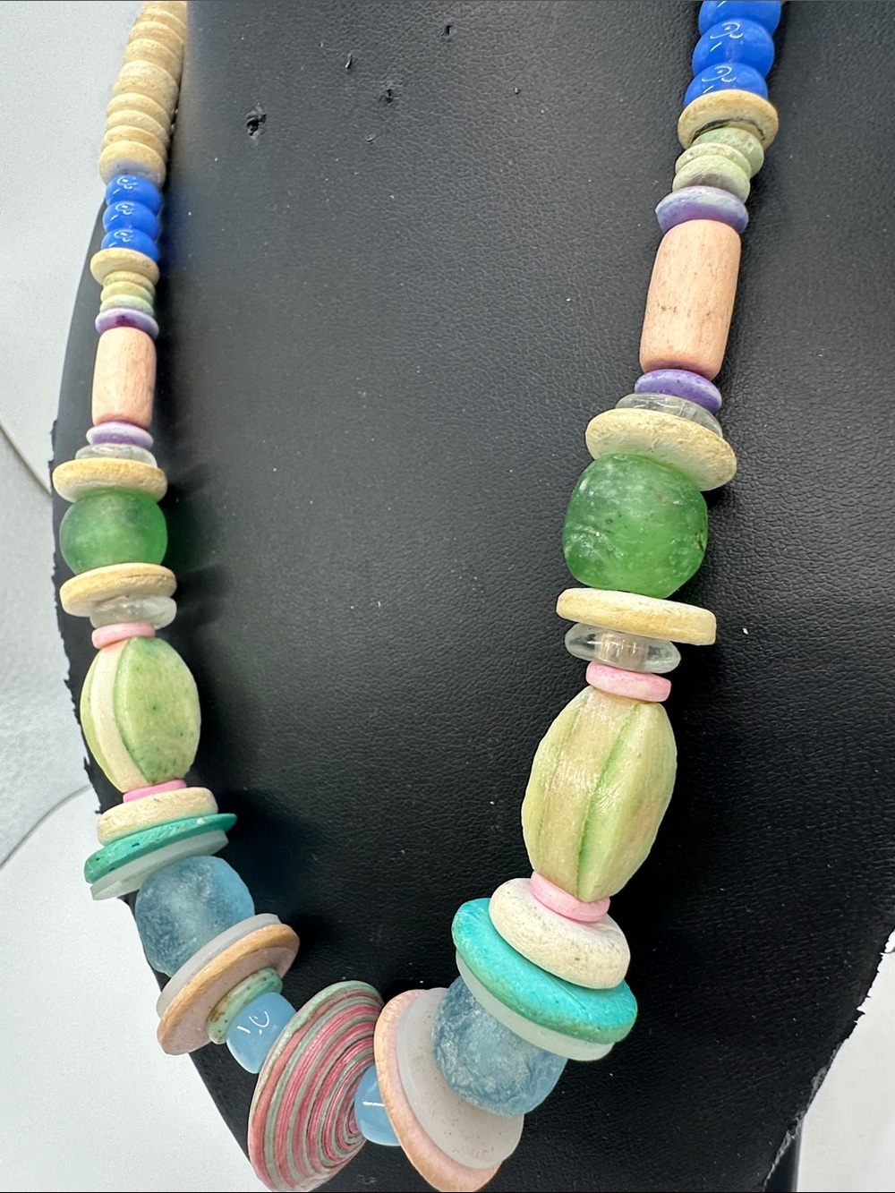 Vintage Pastel Multicolor Necklace Sea Glass Mother Of Pearl Bone Paper Bead